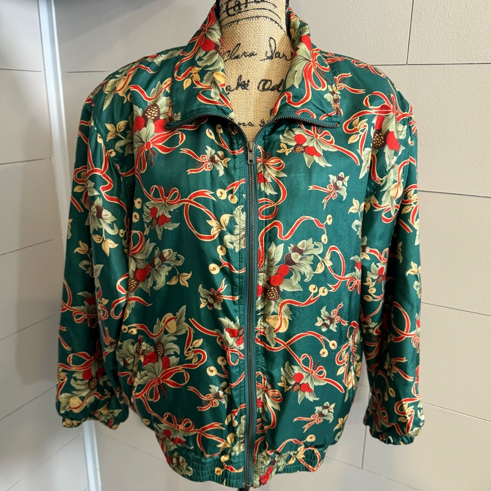 Vintage 100% Silk Christmas Novelty Print Bomber Full Zip Jacket - S - Oversized